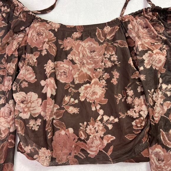 Dylan Ryan Blouse Top Women M Brown Ruched Bustier Sheer Floral Fairy - Picture 14 of 14
